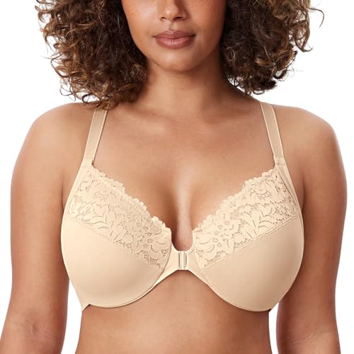 Image of DELIMIRA Women's Front Closure Racerback Bras | Plus Size, Full Coverage, Lace, Underwire, No Padding Unlined