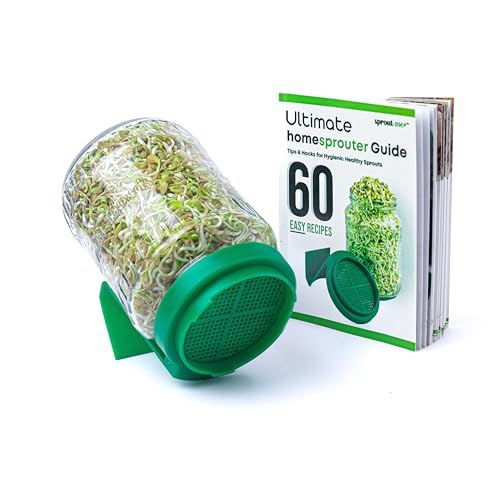 Image of sprout-me Multi Use Sprouts Maker Box With Recipe Book - Glass Mason Jar with Mesh Lid for All Seeds & Beans, Sprouts Making Box with Built in Drainage Stand (One Sprout Jar With Book - (Green))