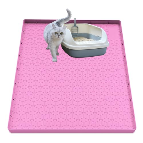 Jacooxi Cat Litter Mat, Silicone Large Cat Mat for Litter Box - 34x22 in, Waterproof & Non-Slip, Durable & Easy Clean, Pink