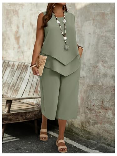 SHENHE Women's Plus Size 2 Piece Summer Outfits Crew Neck Tank Top Tunic Shirt and Capri Pants Set4