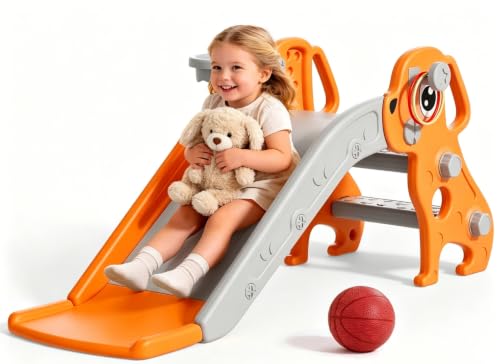 Image of BIERUM Toddler Slide, Indoor Foldable Kids Slide for Toddlers Age 1-2, Freestanding Slide, Baby Play Slide, Indoor and Outdoor Playground, Baby Playset with Basketball Hoop Orange