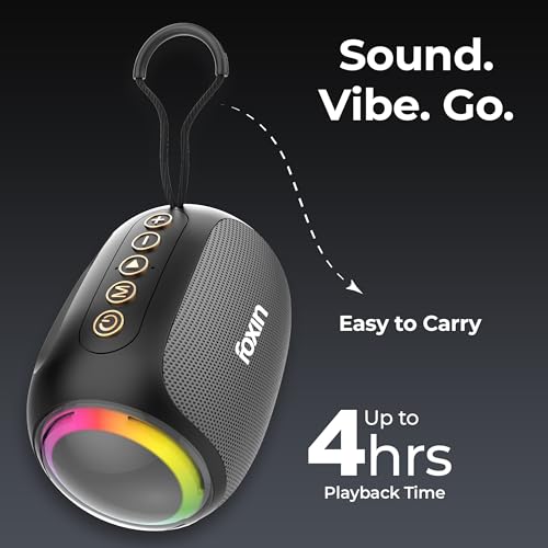 Image of Foxin Spark 10W Mini Bluetooth Speaker with RGB Light, 4Hrs Playtime, 360 Surround Sound, RGB Lights, Multi-Play Modes BT5.1 /TF Card, AUX, Type-C Charging Port, in-Built FM | 6cm Carry Loop