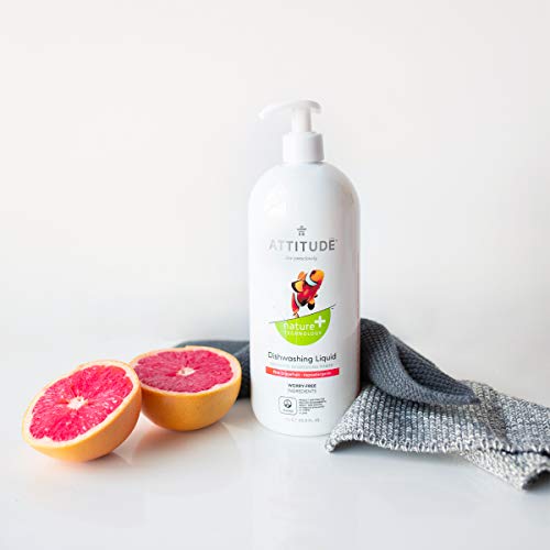 Image of ATTITUDE Liquid Dish Detergent, Plant- and Mineral-Based Ingredients, Effective Dishwashing Soap Formula, Vegan and Cruelty-free, Pink Grapefruit, 33.8 Fl Oz (Pack of 3)