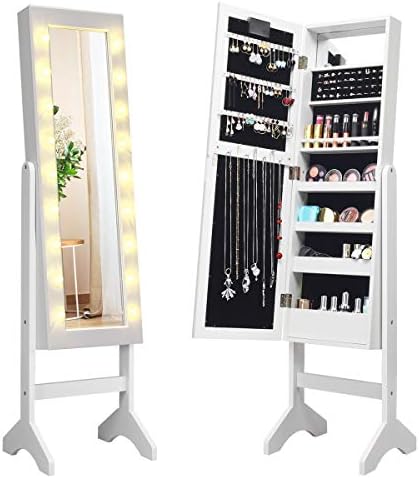 Giantex Standing Jewelry Armoire with 18 LED Lights Around the Door, Large Storage Mirrored Jewelry Cabinet with Full Length Mirror, 16 Lipstick Holders, 1 Inside Makeup Mirror (White)