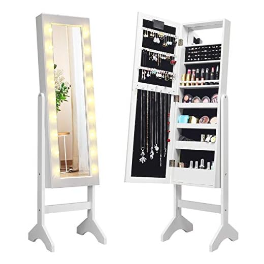 Giantex Standing Jewelry Armoire with 18 LED Lights Around the Door, Large Storage Mirrored Jewelry Cabinet with Full Length Mirror, 16 Lipstick Holders, 1 Inside Makeup Mirror (White)