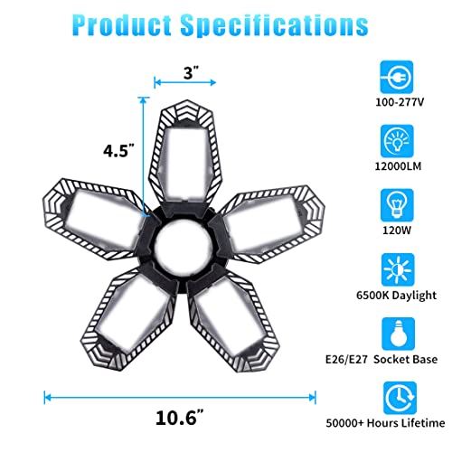 Jamiewin 2 Pack Led Garage Ceiling Lights, 120W 12000Lm Deformable Garage Light Fixture 6500K E26/E27 Led Shop Light For Garage Workshop Basement Attic Barn #TOP6