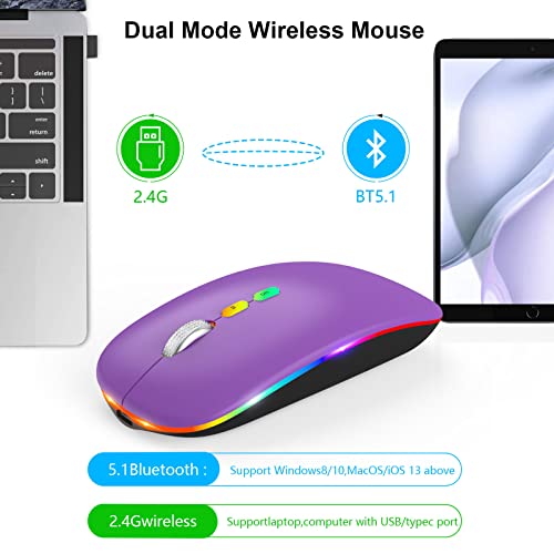 Hotlife Led Wireless Mouse, Slim Rechargeable Wireless Bluetooth Mouse, 2.4G Portable Usb Optical Wireless Computer Mice With Usb Receiver And Type C Adapter (Purple) #TOP3