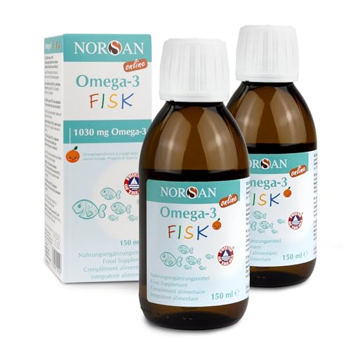 NORSAN Omega-3 FISK Fischöl hochdosiert 2er Pack (2x 150 ml) - Omega-3 für Kinder 1.030 mg pro Portion - hochwertiges Öl mit EPA & DHA