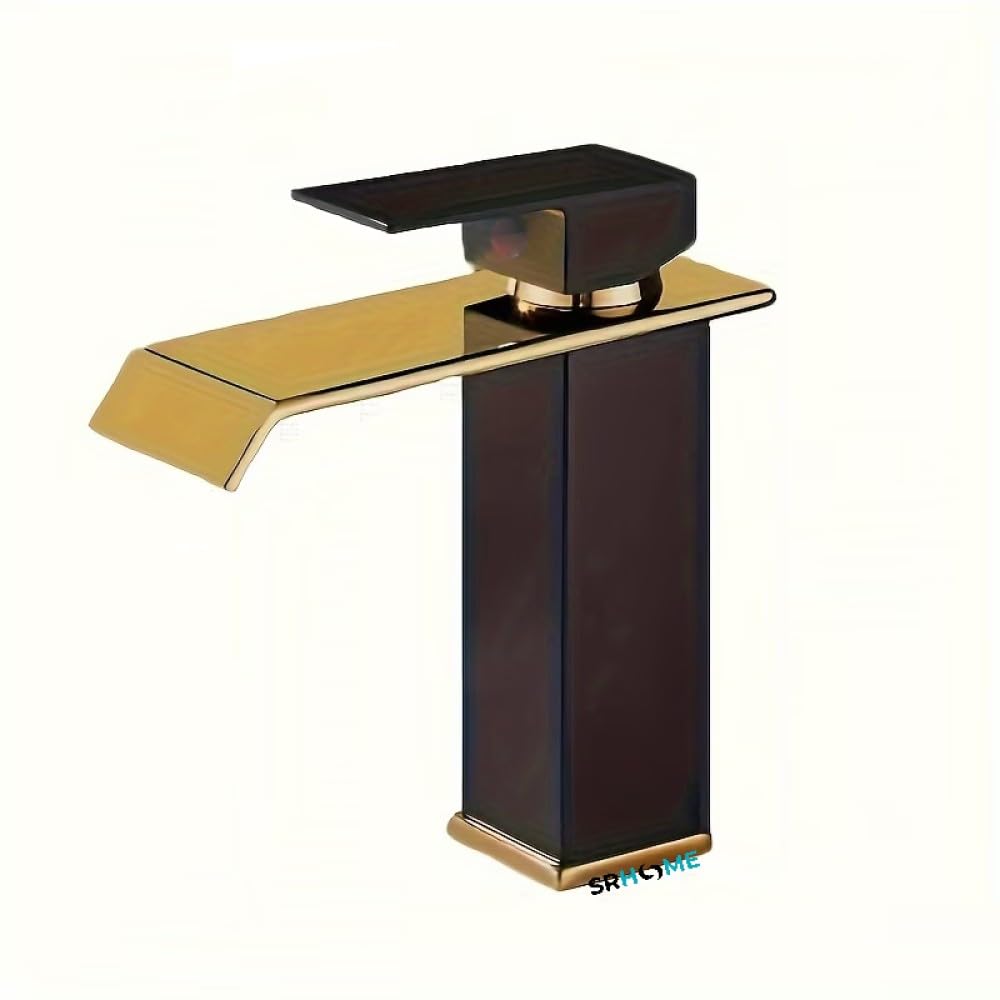 Robinet de lavabo de salle de bain cascade de luxe, finition noire mate et or, robinet à montage unique trou, mitigeur de lavabo moderne en acier inoxydable 304 avec valve en céramique, bec cascade à