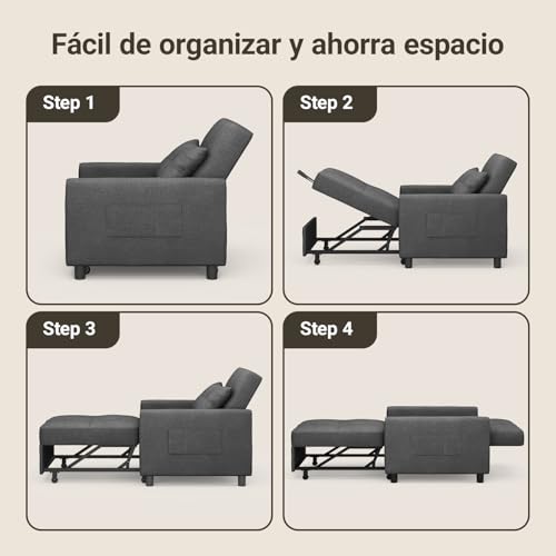 Xbro 3-in-1 Sleeping Chair Sofa Bed, Convertible Chair with Bed Function, Sofa Bed with Cushion and Side Pocket, Armchair with Sleep Function for Small Apartment (Dark Grey)
