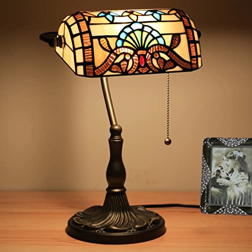 Lampe de table style banquier d'exception en vitrail et cristal antique de luxe