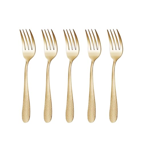 Image of 6.7 inch Aurum Gold Hammered Salad Forks | Set of 5 Durable Stainless Steel Fruit Forks | Mirror Polished Silverware for Home, Restaurants, and Gift Giving