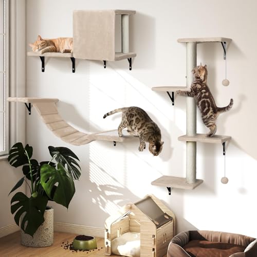 4-in-1 Cat Shelves Sturdy Cat Wall Furniture Cat Climbing Wall for Indoor Cats DIY Cat Wall Shelves with Cat Bridge Cat bed Scratching Post Save space Beige Holds Up to 10kg