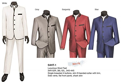 Men's 4 Button Single Breasted Slim Fit Shark Skin Trimmed Banded Collar Suit S4HT-12