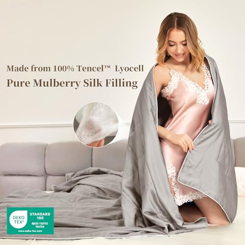 Image of THXSILK All-Season Mulberry Silk Comforter & Blanket, 100% Pure Natural Silk Filling, Lightweight Soft Bed Cover for Bedroom, Sofa, Camping, Cozy Machine Washable Luxury Bedding(Queen 90 inchx90 inch, Grey)