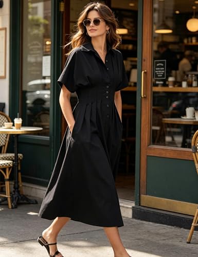 Image of Yeokou Shirt Dress for Women Summer Casual Short Sleeve Button Down Loose Pleated Maxi Sundress with Pockets
