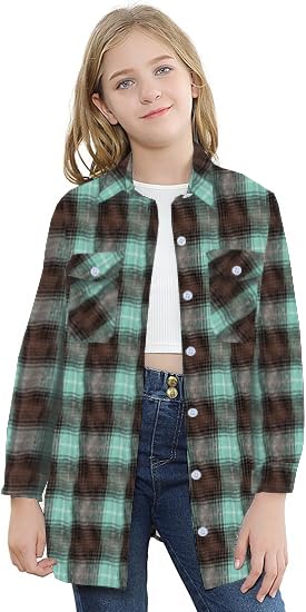 Image of SANGTREE Women and Girls Oversized Flannel Plaid Shirt Mid-Length Casual Button Down Shirt with Pockets