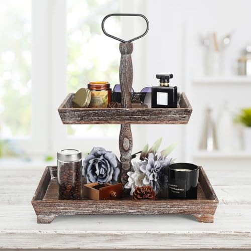 Présentoir à desserts à double couche en bois brûlé pour buffet chic - 7