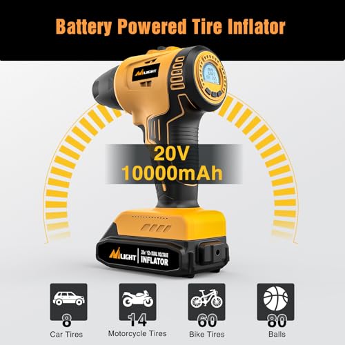 Image of Nilight Cordless Tire Inflator Air Compressor Dual Power Supply 20V Rechargeable Battery Powered 150PSI Handheld Air Portable Pump with 12V Adapter Digital Pressure Gauge for Cars Motorcycles