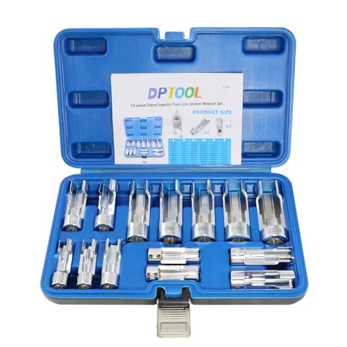 DPTOOL 14pcs Diesel Injector Fuel Line Socket Set Metric 8-22mm Flare Nut Socket Set 3/8 1/2 Drive 5-Point Avoid Wire Nut Sockets for Wired Temperature Sensor Thermo Switch etc