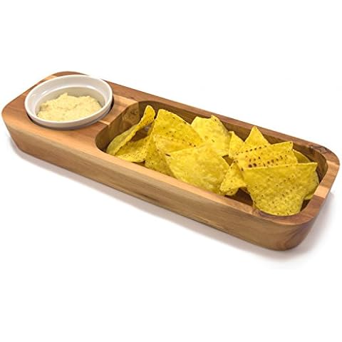 Chef-hub 2 Pack Rectangle Acacia Wood Nacho Serving Tray Boat with Dip Bowl for Salsa, Cheese etc. Pack of 2 Cover