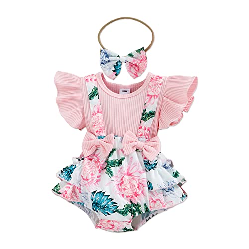 Image of PATPAT Baby Girl Floral Romper Ribbed Ruffle Sleeve Floral Print Layered Suspender Shorts Jumpsuit with Headband