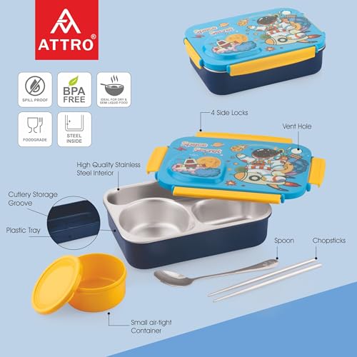 Image of ATTRO School Bite Stainless Steel Lunch Box - 3 Compartment Bento Tiffin, Leak-Proof & Durable, Ideal for Kids, School, Picnic- 750ml+150ml, Blue- Space Theme