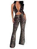 SOLY HUX Women's Leopard Jumpsuits Deep V Neck Halter Flared Long Pants Romper Music Festival Outfit Brown Leopard Medium