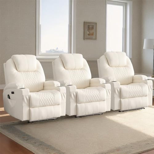 IBTKIG Power Recliner Chair with Heat and Massage, PU Leather Home Theater Seating with LED Lights/Cup Holders/Side Pocket/USB Port, Reclining Sofa Chair for Living Room (3, Beige)