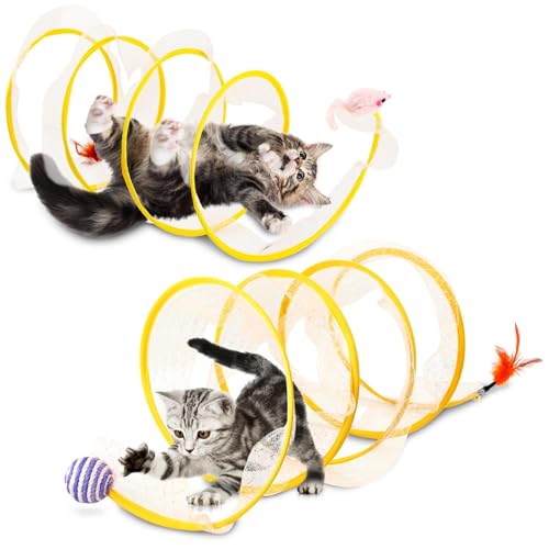 2pcs Cat Tunnel Spring Toy Folded Cat Tunnel Toy Indoor Cat Activity Structure Cat Tunnels for Indoor Cats Cat Tubes Played Tunnel Spring Cat Spiral Tunnel Toy(Color:As Shown)