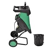 Fkstyle【パワフル1400W & 10分の1に粉砕】ガーデンシュレッダー 電動 カッター式 縦型 最大粉砕径40mm 1400W 4500回転/分 軽量9.85kg タイヤ付き 50L大容量収集袋・押し込み棒付属 過負荷保護機能 安全装置付き 家庭用 庭木 剪定 枝処理