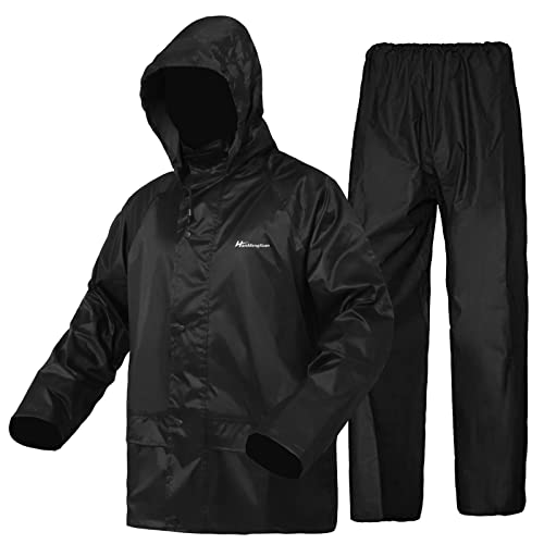Wasserdichte Jacke und Hosenanzug Set f&uuml;r Herren/Damen, leichter Regenmantel, winddicht, mit Kapuze, Regenanzug, Schwarz , L