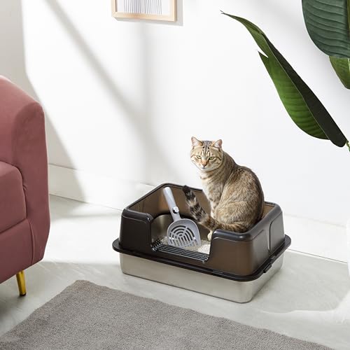 Image of Amazon Basics Stainless Steel Cat Litter Box with Elevated Anti-Splash PP Guard | Black | Open-Top Easy-Clean Litter Tray for Cats | 50.1L x 35.4W x 24.8H cm