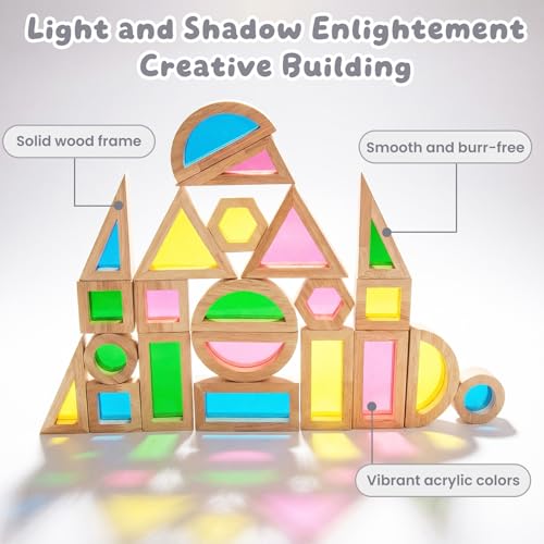 Image of WOODENFUN Wood Building Blocks Set for Kids,Rainbow Stacker Stacking Game Construction Toys Set Preschool Colorful Learning Educational Toys, Geometry Wooden Blocks for Boys Girls
