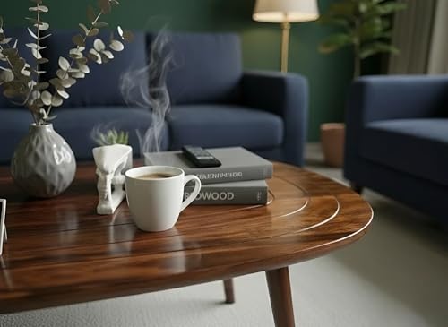 Image of REDWOOD Modern Solid Sheesham Wood Oval Shaped Wooden Table for Living Room | Solid Wood Center Table with Smooth Finish | Mini Coffee Table for Home, Office & Lounge | Walnut Finish (Glossy)