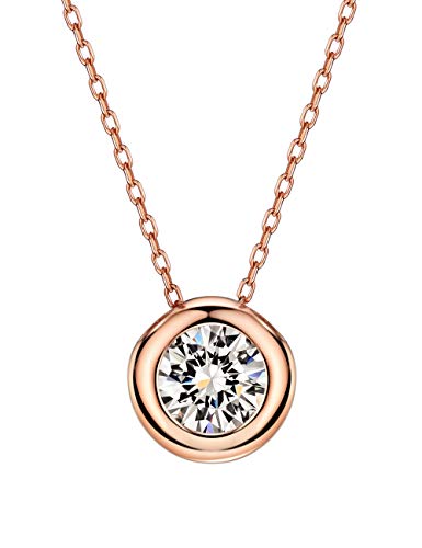 Mints Rose Gold Plated 1.00 Ct (D Color, Vvs Clarity) Simulated Diamond Necklace Cz Bezel-Set Solitaire Sterling Silver Pendant Necklace 16" - 18" #TOP15