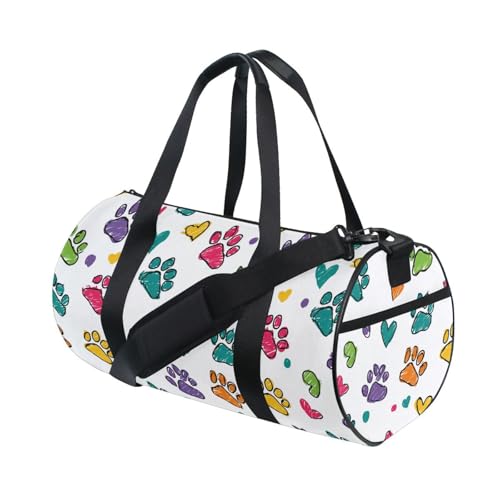 Colorful Paw Print Sports Duffel Bag Barrel Gym Bag with Adjustable Shoulder Strap, Spacious Main Compartment Side Pockets and Full Print Design for Fitness Travel and Sports3