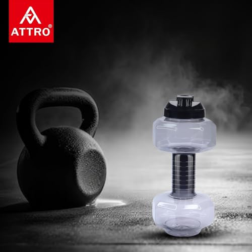Image of Attro Dumbbell Water Bottle 2 Liter Plastic Bottle with Grip Handle Stylish Bottle for Gym Lover BPA Free, Food Grade, Leakproof- Grey