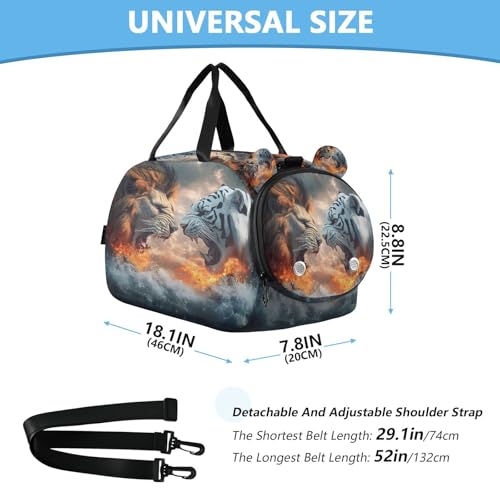 Gym Travel Duffle Bag for Boys Girls Lion and Tiger Sports Dance Bag with Shoe Compartment & Wet Pocket Football Kids Travel Bag Teens Sleepover Carry3