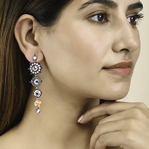 Image of Voylla Folklore Circles Long Drop Enamelled Danglers Earrings For Women Oxidised Ethnic Statement Earrings Festive Wedding Party Traditional Jewellery Gift For Women