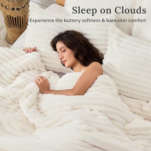 Image of Sasttie Queen Comforter Set 3 Pieces - Super Soft Fleece Comforters Queen Size, 1 Luxury Warm Fuzzy Marshmallow Comforter with 2 Pillow Cases, Faux Fur Down Alternative Bedding Set, Cream White