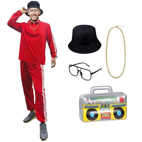 Brebebe 80er Jahre Kostüme für Männer,Männer Halloween 80er Jahre 90er Jahre Hip Hop Kostüm Outfit,80er Retro Cool Rapper Kostüm Outfits (Rot, S)