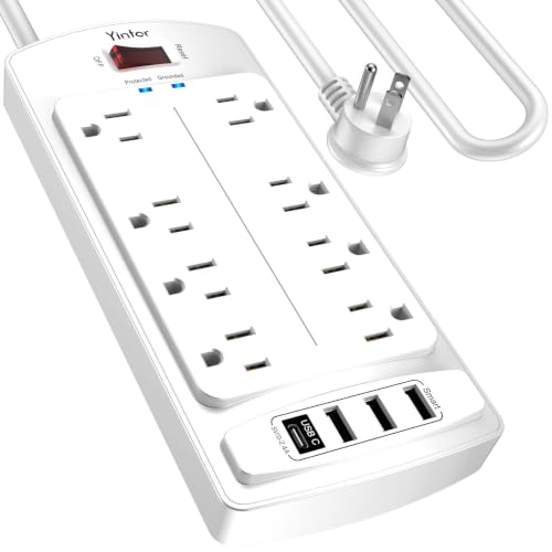 Image of Surge Protector Power Strip, Yintar 10 Feet Flat Plug Extension Cord with 8 AC Outlets and 4 USB Ports, 2700 Joules, ETL Listed, White