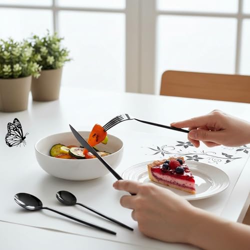 Image of 24 Pcs Black Slim Handle Stainless Steel Cutlery Set for Dining Table with Spoons and Forks Set + Butterknives - The Perfect Tableware /Flatware