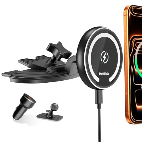 MAGJIEYX CD Support Telephone Voiture Induction pour MagSafe, 15W 360° Rotation Support Voiture Magnetique Fixation écurie CD Mounted Compatible avec iPhone...