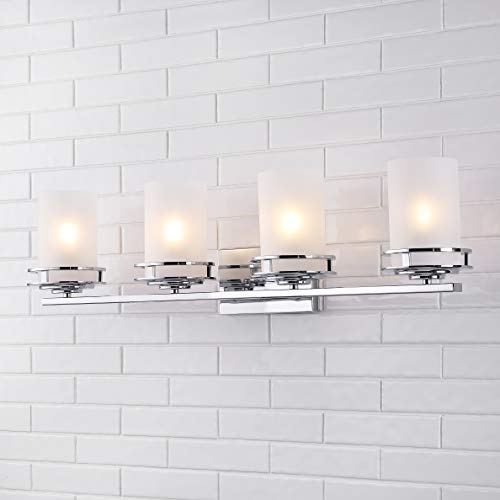 Image of JONATHAN Y Fairfax 4-Light Bathroom Vanity Light 32 inch Metal /Glass, Chrome | Art Deco Style, Frosted White Cylinder Shades, Dimmable, LED Bulbs Included, Hardwired Mirror Wall Sconce