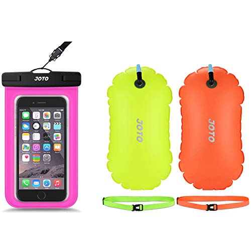 JOTO Universal Waterproof Pouch Cellphone Dry Bag Case for iPhone and Galaxy Bundle with 2-Pack Swim Buoy Float, Swimming Bubble Safety Float with Adjustable Waist Belt for Open Water
