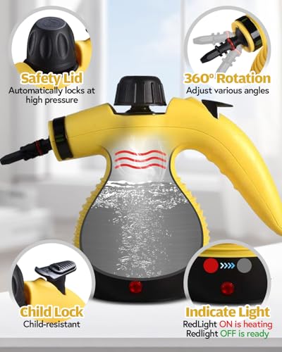 Image of Pressurized Handheld Steam Cleaner, Multi-Surface Steam Cleaner for Home Use, Steamer for Cleaning with 9 pcs Accessories & Safety Lock, Cleaning for Grout Tile Kitchen Bathroom (Yellow)
