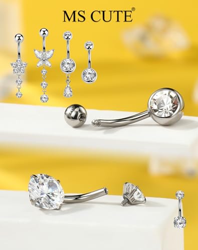5PCS Belly Button Rings for Women 14G Dangle Navel Piercing Jewelry Set Surgical Stainless Steel Body Jewelry with CZ Butterfly Flower Teardrop Barbell for Beach Festival Daily3