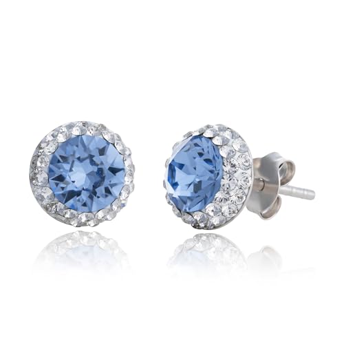 Sterling Silver Halo Blue Crystal Stud Earrings for Women | Hypoallergenic Stud Halo Earrings | Anti Tarnish Round Sparkle Sterling Silver Studs Earring by MAX + STONE